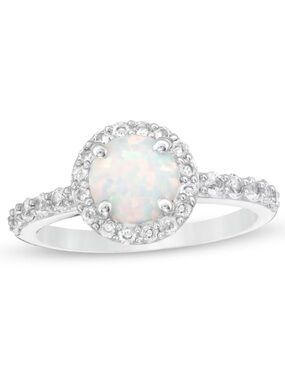 Zales Sterling Silver Opal Halo Ring White Sapphire Lab Opal Bridal